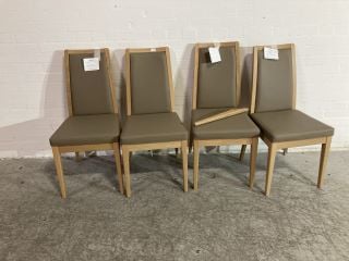 4 X LIGHT GREY LEATHER DINING CHAIRS WITH OAK TRIM AND OAK LEGS