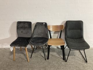 4 X LOW DOWN DINING CHAIRS TO INCLUDE LIGHT OAK CHAIR WITH MATTE BLACK LEGS AND A DARK GREY VELVET CHAIR