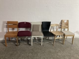 6 X CHAIRS TO INCLUDE DINING CHAIRS AND BURGUNDY FABRIC OFFICE CHAIR