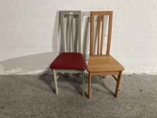 2 X  WOODEN DINING CHAIRS WITH HIGH BACKREST ONE WITH RED LEATHER SEAT