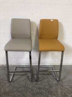 2 X LEATHER DINING CHAIRS WITH CHROME METAL LEGS ORANGE AND LIGHT GREY