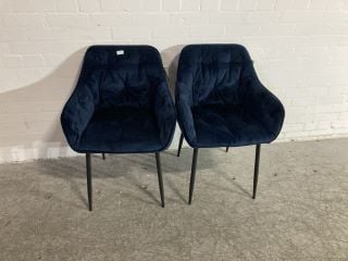 2 X ROYAL BLUE CRUSHED VELVET LOUNGE CHAIRS WITH BLACK METAL LEGS