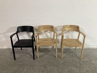 3 X WOODEN DINING CHAIRS 2 BROWN AND 1 BLACK