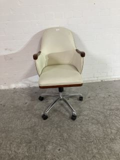 DARK POLISHED OAK CHAIR WITH WHITE LEATHER SEAT AND BACKREST SWIVEL CHAIR ON WHEELS