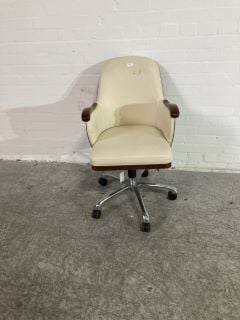 DARK POLISHED OAK CHAIR WITH WHITE LEATHER SEAT AND BACKREST SWIVEL CHAIR ON WHEELS