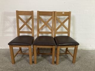 3 X CONTEMPORARY MOCHA LEATHER AND TEAK WOODED DINING CHAIRS