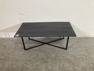 BLACK WOODEN TOPPED COFFEE TABLE WITH BLACK METAL CROSS BASE