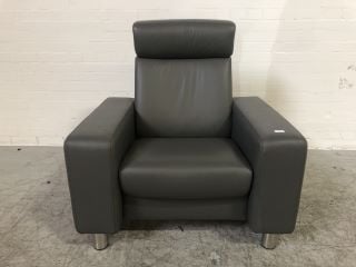 GREY LEATHER  MANUAL RECLINING ARM CHAIR WITH BLACK STEEL LEGS