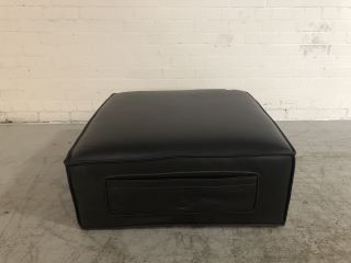 BLACK LEATHER SQUARE FOOT STOOL WITH SIDE POCKET  ON SMALL WOODEN LEGS