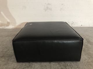 BLACK LEATHER SQUARE FOOT STOOL WITH SIDE POCKET  ON SMALL WOODEN LEGS ON SMALL WOODEN LEGS