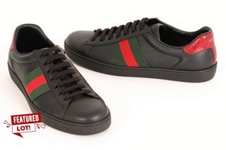 GUCCI NEW ACE WEB WATERSNAKE TRIMMED LEATHER TRAINERS IN BLACK/RED/GREEN - UK SIZE 9 - RRP £430.00: LOCATION - MAIN BOOTH