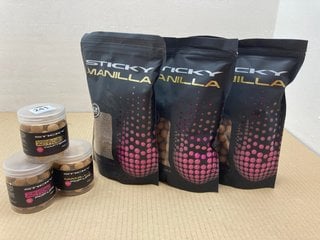 6 X ASSORTED STICKY BAITS ITEMS TO INCLUDE 2 X PACKS OF THE KRILL 1KG 16MM BOILIES - BBE 22/7/25: LOCATION - A13