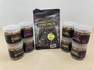 8 X TUBS OF STICKY BAITS MANILLA ACTIVE 130G 16MM WAFTER BOILIES - BBE UNKNOWN TO ALSO INCLUDE PACK OF CRAFTY CATCHER 1.1L GRAB PACK HEMP & SWEETCORN - BBE 24/6/27: LOCATION - A13