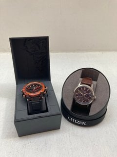 CITIZEN ECO-DRIVE W.R. 10 BAR LEATHER STRAP MENS WATCH TO ALSO INCLUDE G-SHOCK 48 MENS RETRO WATCH - MTG-B3000FR-1AER: LOCATION - A14