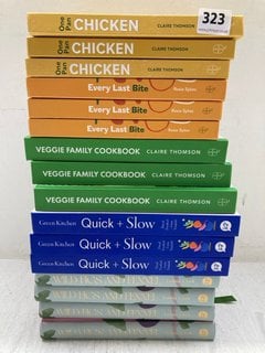 QTY OF ASSORTED BOOKS TO INCLUDE 3 X VEGGIE FAMILY COOKBOOKS BY CLAIRE THOMSON: LOCATION - B14