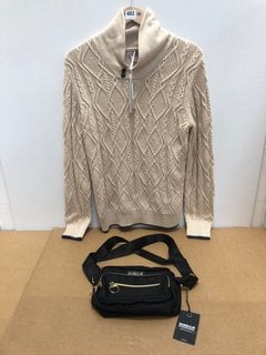 JOHN LEWIS & PARTNERS MENS KNITTED FLEECE IN BEIGE - UK SIZE 13" TO INCLUDE BARBOUR WOMENS CROSSBODY BAG IN BLACK: LOCATION - B11