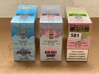 3 X BOXES OF FIREROSE 5000 10MG 10ML NIC SALTS IN BUBBLEGUM AIRWAYS/BLUE RAZZ GUMMY/BLUE CRUSH - (PLEASE NOTE: 18+YEARS ONLY. ID MAY BE REQUIRED): LOCATION - D0