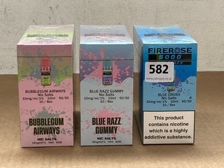 3 X BOXES OF FIREROSE 5000 10MG 10ML NIC SALTS IN BUBBLEGUM AIRWAYS/BLUE RAZZ GUMMY/BLUE CRUSH - (PLEASE NOTE: 18+YEARS ONLY. ID MAY BE REQUIRED): LOCATION - D0