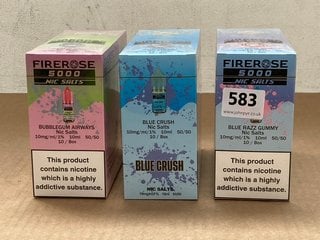 3 X BOXES OF FIREROSE 5000 10MG 10ML NIC SALTS IN BUBBLEGUM AIRWAYS/BLUE RAZZ GUMMY/BLUE CRUSH - (PLEASE NOTE: 18+YEARS ONLY. ID MAY BE REQUIRED): LOCATION - D0