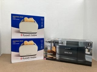 2 X RUSSELL HOBBS 2 SLICE TOASTERS IN CREAM TO ALSO INCLUDE TOWER BELLE GRAPHITE 11.5L BREAD BIN: LOCATION - C11