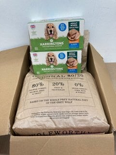 2 X BOXES OF HARRINGTONS THE NATURAL CHOICE ADULT MIXED GRAIN FREE DOG FOOD - BBE 12/25 TO ALSO INCLUDE PACK OF WOLFWORTHY 7.5KG ALL LIFE STAGES ORIGINAL 80/20 DOG BISCUITS - BBE 26/5/25: LOCATION -