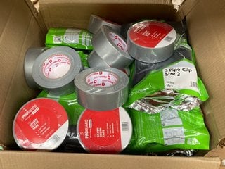 BOX OF ASSORTED HARDWARE ITEMS TO INCLUDE QTY OF PROGUARD 48 MM X 50M SILVER CLOTH TAPE: LOCATION - D15