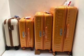 LUGG CABIN SIZE HARD SHELL WHEELED SUITCASE IN CREAM/BROWN TO ALSO INCLUDE SET OF 3 YKK HARD SHELL WHEELED SUITCASE IN ORANGE: LOCATION - A1