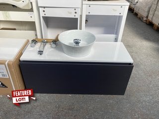 (COLLECTION ONLY) WALL HUNG 1 DRAWER COUNTERTOP SINK UNIT IN MATT CARBON AND GLOSS WHITE 1000 X 370MM WITH A VESSEL BASIN COMPLETE WITH A 3TH BASIN MIXER TAP AND SPRUNG WASTE RRP £750: LOCATION - D3