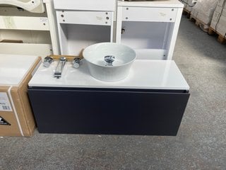 WALL HUNG 1 DRAWER COUNTERTOP SINK UNIT IN MATT CARBON AND GLOSS WHITE 1000 X 370MM WITH A VESSEL BASIN COMPLETE WITH A 3TH BASIN MIXER TAP AND SPRUNG WASTE RRP £750: LOCATION - D3