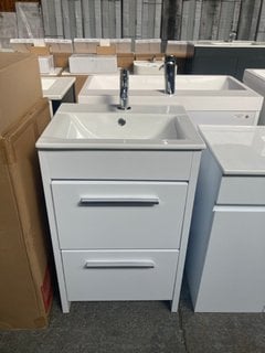 (COLLECTION ONLY) FLOOR STANDING 2 DRAWER SINK UNIT IN WHITE WITH A 500 X 400MM CERAMIC BASIN COMPLETE WITH A MONO BASIN MIXER TAP AND CHROME SPRUNG WASTE RRP £675: LOCATION - D3