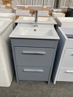 FLOOR STANDING 2 DRAWER SINK UNIT IN DOVE GREY WITH A 500 X 400MM CERAMIC BASIN COMPLETE WITH A MONO BASIN MIXER TAP AND CHROME SPRUNG WASTE RRP £675: LOCATION - D3