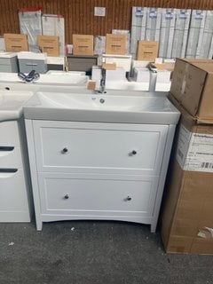 (COLLECTION ONLY) FLOOR STANDING 2 DRAWER SINK UNIT IN WHITE WITH A 810 X 400MM CERAMIC BASIN COMPLETE WITH A MONO BASIN MIXER TAP AND CHROME SPRUNG WASTE RRP £825: LOCATION - D3