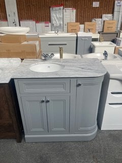 (COLLECTION ONLY) FLOOR STANDING 3 DOOR SINK UNIT IN GLOSS GREY WITH A 900 X 500MM MARBLE EFFECT COUNTERTOP UNDERMOUNT CERAMIC BASIN (DAMAGED BACK LEFT CORNER AND SLIGHT CHIP TO LEFT SIDE OF UNIT) CO