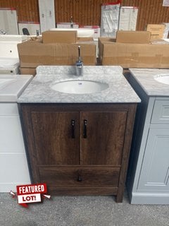 (COLLECTION ONLY) FLOOR STANDING 2 DOOR 1 DRAWER SINK UNIT IN DARK OAK WITH A 650 X 510MM MARBLE EFFECT COUNTERTOP AND UNDER MOUNTING CERAMIC BASIN COMPLETE WITH A MONO BASIN MIXER TAP AND CHROME SPR