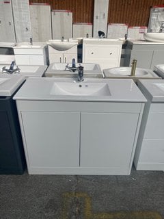 (COLLECTION ONLY) FLOOR STANDING 2 DOOR SINK UNIT IN WHITE WITH A 1010 X 470MM CERAMIC BASIN COMPLETE WITH A MONO BASIN MIXER TAP AND SPRUNG WASTE RRP £850: LOCATION - D4