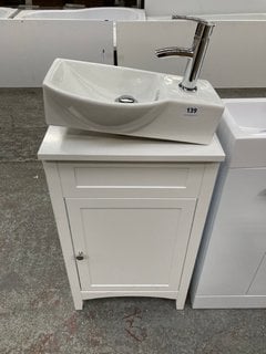 (COLLECTION ONLY) FLOOR STANDING 1 DOOR CLOSET SINK UNIT IN WHITE 450 X 250MM WITH A COUNTERTOP CERAMIC BASIN COMPLETE WITH A MONO BASIN MIXER TAP AND CHROME SPRUNG WASTE RRP £425: LOCATION - D3