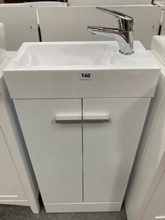 (COLLECTION ONLY) FLOOR STANDING 2 DOOR CLOSET SINK UNIT IN WHITE WITH A 410 X 220MM POLY MARBLE SINK COMPLETE WITH A MONO BASIN MIXER TAP AND SPRUNG WASTE RRP £425: LOCATION - D3