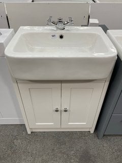 (COLLECTION ONLY) FLOOR STANDING 2 DOOR SEMI RECESSED SINK UNIT IN WHITE 560 X 410MM WITH SEMI RECESSED CERAMIC BASIN COMPLETE WITH A MONO BASIN MIXER TAP AND CHROME SPRUNG WASTE RRP £675: LOCATION -