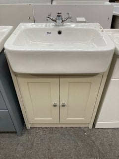 (COLLECTION ONLY) FLOOR STANDING 2 DOOR SEMI RECESSED SINK UNIT IN IVORY 560 X 410MM WITH SEMI RECESSED CERAMIC BASIN COMPLETE WITH A MONO BASIN MIXER TAP AND CHROME SPRUNG WASTE RRP £675: LOCATION -