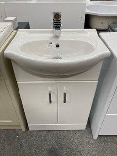 (COLLECTION ONLY) FLOOR STANDING 2 DOOR SINK UNIT IN WHITE WITH A 550 X 420MM SEMI RECESSED CERAMIC BASIN COMPLETE WITH A MONO BASIN MIXER TAP AND CHROME SPRUNG WASTE RRP £695: LOCATION - D3