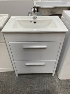 (COLLECTION ONLY) FLOOR STANDING 2 DRAWER SINK UNIT IN GLOSS WHITE WITH A 610 X 400MM CERAMIC BASIN MONO BASIN MIXER TAP AND CHROME SPRUNG WASTE RRP £720: LOCATION - D3