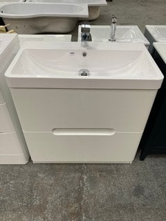 (COLLECTION ONLY) FLOOR STANDING 2 DRAWER SINK UNIT IN WHITE WITH A 790 X 450MM WITH A POLYMARBLE BASIN COMPLETE WITH A MONO BASIN MIXER AND CHROME SPRUNG WASTE RRP £720: LOCATION - D3