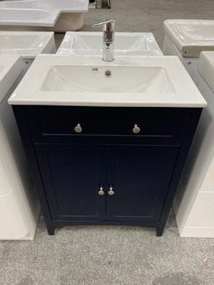 (COLLECTION ONLY) FLOOR STANDING 2 DOOR SINK UNIT IN MIDNIGHT BLUE WITH A 610 X 400MM CERAMIC BASIN COMPLETE WITH A MONO BASIN MIXER TAP AND SPRUNG WASTE RRP £675: LOCATION - D3