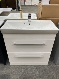 (COLLECTION ONLY) FLOOR STANDING 2 DOOR SINK UNIT IN GLOSS WHITE WITH A 810 X 400MM CERAMIC BASIN COMPLETE WITH A MONO BASIN MIXER TAP AND SPRUNG WASTE (DAMAGE TO RIGHT SIDE OF UNIT): LOCATION - D3