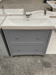 (COLLECTION ONLY) FLOOR STANDING 2 DOOR SINK UNIT IN LIGHT GREY WITH A 810 X 400MM CERAMIC BASIN COMPLETE WITH A MONO BASIN MIXER TAP AND SPRUNG WASTE RRP £825: LOCATION - D3