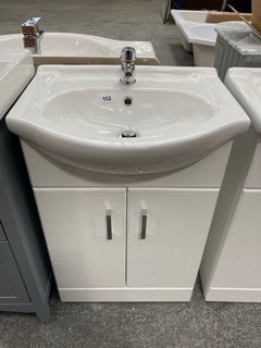 (COLLECTION ONLY) FLOOR STANDING 2 DOOR SINK UNIT IN WHITE WITH A 550 X 420MM SEMI RECESSED CERAMIC BASIN COMPLETE WITH A MONO BASIN MIXER TAP AND CHROME SPRUNG WASTE RRP £695: LOCATION - D4