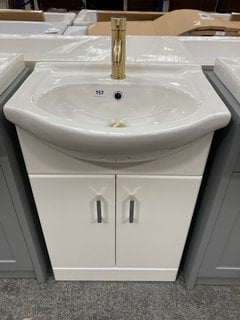 (COLLECTION ONLY) FLOOR STANDING 2 DOOR SINK UNIT IN WHITE WITH A 550 X 420MM SEMI RECESSED CERAMIC BASIN COMPLETE WITH A MONO BASIN MIXER TAP IN BRUSHED BRASS AND SPRUNG WASTE RRP £695: LOCATION - D