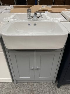 (COLLECTION ONLY) FLOOR STANDING 2 DOOR SINK UNIT IN GREY WITH A 560 X 410MM SEMI RECESSED CERAMIC BASIN COMPLETE WITH A MONO BASIN MIXER TAP AND CHROME SPRUNG WASTE RRP £725: LOCATION - D4