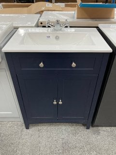 (COLLECTION ONLY) FLOOR STANDING 2 DOOR SINK UNIT IN MIDNIGHT BLUE WITH A 610 X 400MM CERAMIC BASIN COMPLETE WITH A MONO BASIN MIXER TAP AND SPRUNG WASTE RRP £675: LOCATION - D4