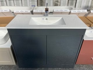 (COLLECTION ONLY) FLOOR STANDING 2 DOOR SINK UNIT IN GLOSS GREY WITH A 1200 X 480MM CERAMIC BASIN COMPLETE WITH A MONO BASIN MIXER TAP AND SPRUNG WASTE RRP £875: LOCATION - D3